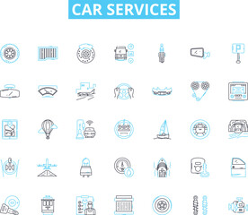 Car services linear icons set. Maintenance, Repair, Detailing, Restoration, Inspection, Towing, Alignment line vector and concept signs. OilChange,Tune-up,Brakes outline illustrations
