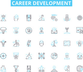 Career development linear icons set. Progression, Advancement, Learning, Growth, Satisfaction, Skills, Aspiration line vector and concept signs. Achievement,Development,Success outline illustrations