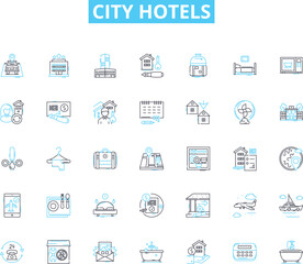 City hotels linear icons set. Luxury, Central, Boutique, Urban, Business, Cosmopolitan, Contemporary line vector and concept signs. Stylish,Modern,Iconic outline illustrations
