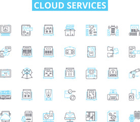 Cloud services linear icons set. Integration, Scalability, Accessibility, Reliability, Security, Efficiency, Flexibility line vector and concept signs. Virtualization,Multitenancy,Elasticity outline