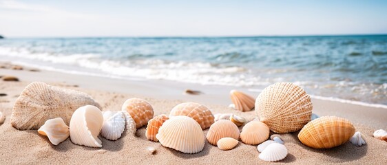 Seashells on the sand of the sea coastline. Generative AI.