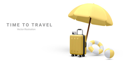 Marketing banner for online travel purchase in 3d realistic style with umbrella, suitcase, life buoy,camera and  bitch ball. Vector illustration