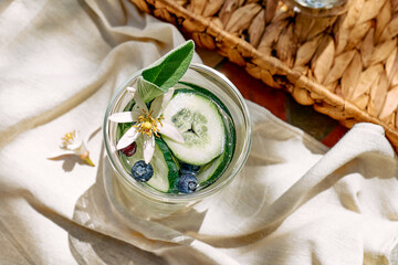 Refreshing summer drink - cucumber infused water with ice, sage, cucumber and lemon blossom on the table in the garden. Fresh healthy cold detox beverage. Fitness drink.