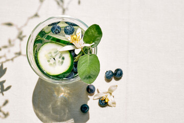Refreshing summer drink - cucumber infused water with ice, sage, cucumber and lemon blossom on the table in the garden. Fresh healthy cold detox beverage. Fitness drink.