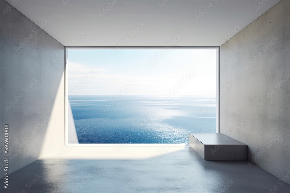 Poster an empty room with a breathtaking view of the ocean. generative ai
