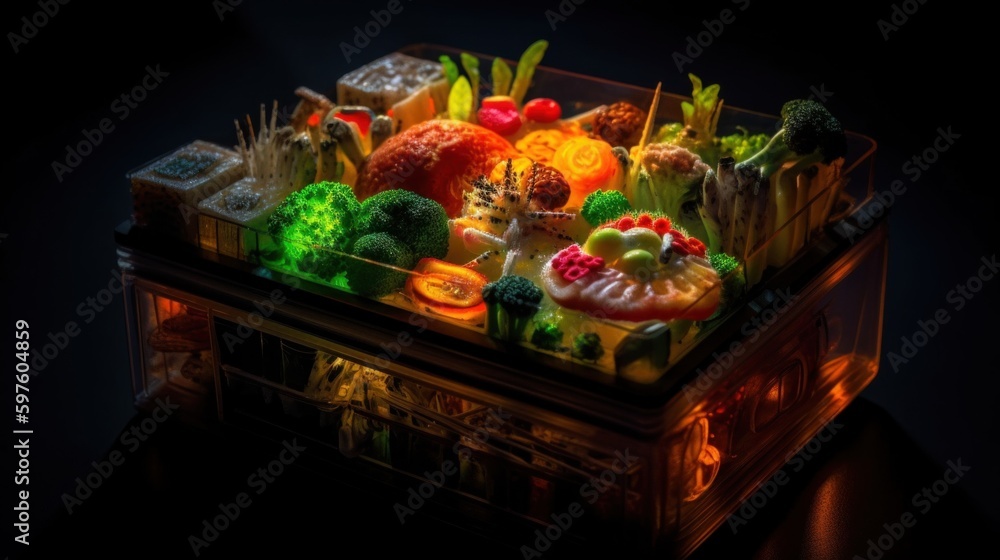 Aufkleber a bento box filled with different types of food. ai generative image.