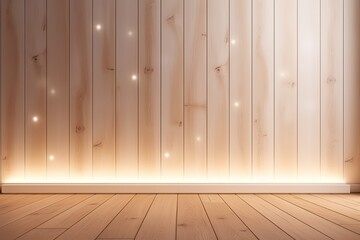 an empty room with a warm wooden floor and soft lighting. Generative AI