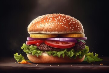 A fresh and tasty burger served on a dark background. Image generated by AI