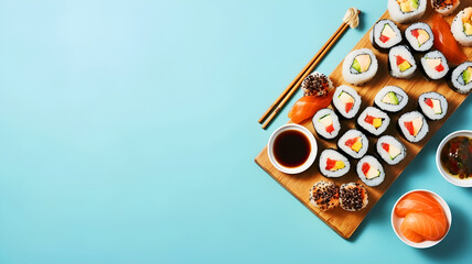Top view of a light blue background with sushi, copyspace, ai generative illustration