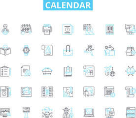 Calendar linear icons set. Scheduling, Organization, Reminders, Appointments, Planning, Time, Events line vector and concept signs. Dates,Schedule,Deadlines outline illustrations