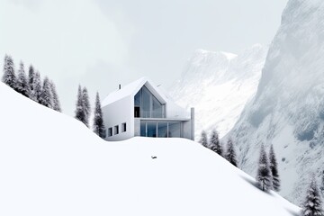 Fototapeta na wymiar cozy cabin nestled in a snowy mountain landscape. Generative AI
