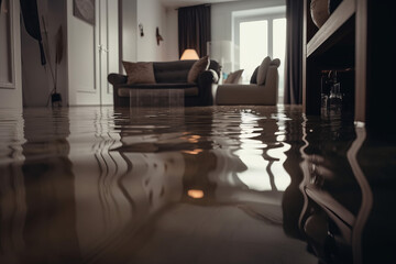 flooded living room house interior. Home insurance concept. Generative ai