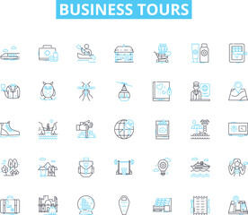 Business tours linear icons set. Nerking, Exploration, Development, Collaboration, Growth, Opportunity, Expansion line vector and concept signs. Strategy,Innovation,Advancement outline illustrations