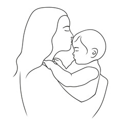 Minimalistic silhouette of woman holding baby. Mother and child.