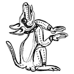 Funny seated dog puppy or stylized coyote. Native American animal design from Mayan codex. Hand drawn linear doodle rough sketch. Black silhouette on white background.