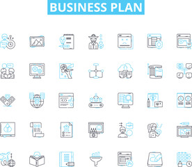 Business plan linear icons set. Strategy, Profitability, Marketing, Analysis, Forecasting, Funding, Goals line vector and concept signs. Expansion,Investment,Execution outline illustrations