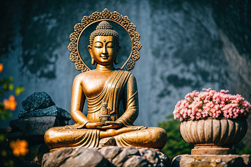 Obraz premium Buddha stone statue in green zen environment, generative ai.
