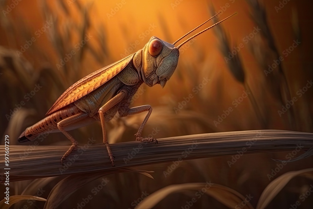 Poster grasshopper perched on a branch in vivid detail. generative ai