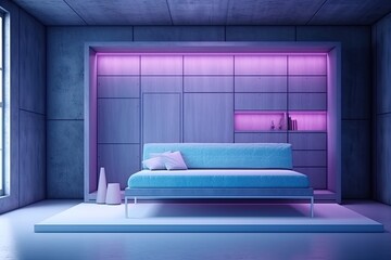cozy living room with a blue couch and natural lighting from a nearby window. Generative AI