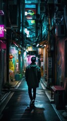 Fototapeta na wymiar A person walking down a dark alley way with graffiti. AI generative image.