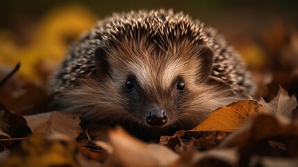 Naklejka na ściany i meble Close-up cute hedgehog in the autumn forest
