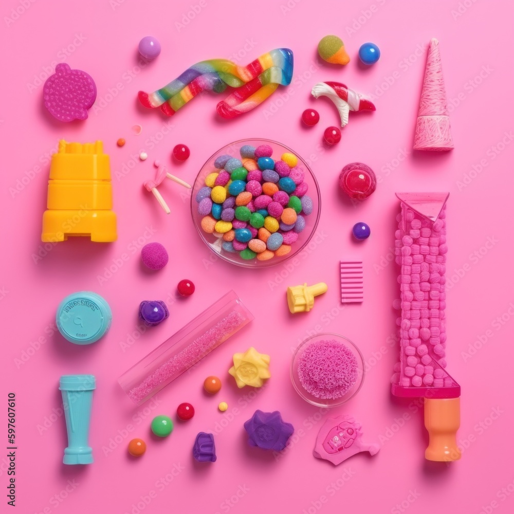 Aufkleber a pink top view flat lay background with a variety of toys on it. ai generative image.