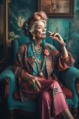 Fashionable, rich, elderly woman sits in a chair in expensive clothes and jewelry.