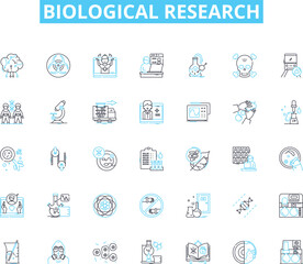 Biological research linear icons set. Genetics, Microbiology, Virology, Botany, Immunology, Ecology, Zoology line vector and concept signs. Entomology,Histology,Cytology outline illustrations