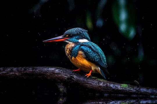 Kingfisher bird looking for fish stand on a stick on water AI Generated Image