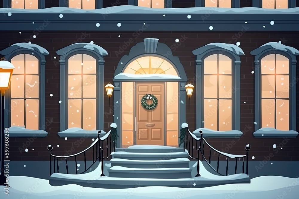 Poster winter scene with a snowy building and clock on the front door. generative ai