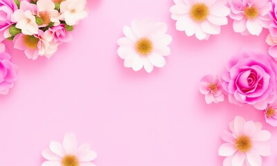 Fototapeta premium Top view image of pink flowers composition over pastel background (Generative AI)