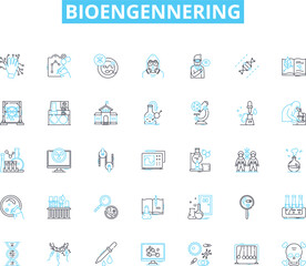 Bioengennering linear icons set. Biomaterials, Biomechanics, Bioprocessing, Bioreactors, Nanotechnology, Tissue engineering, Biocompatibility line vector and concept signs. Prosthetics,Bionics