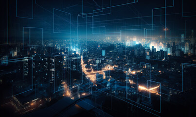Naklejka premium Neon night modern city. Rendering skyscrapers building. Generative AI