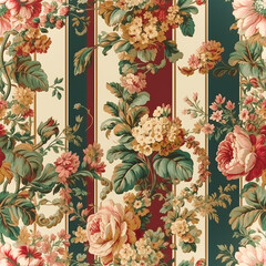 Seamless pattern with flowers, classic country cottage style floral and stripes for wallpaper, fabric and product design. Generative AI