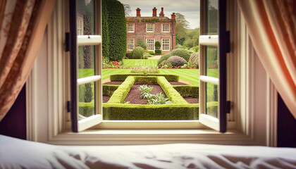 Window view on an old house and garden estate in the style of the English countryside. Generative AI