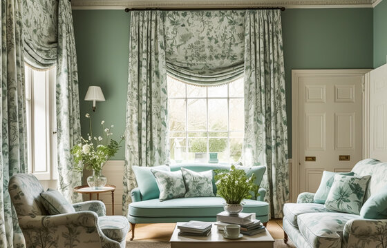 Traditional English countryside style lounge room, with floral upholstery and earthy green colour, home decor and interior design. Generative AI