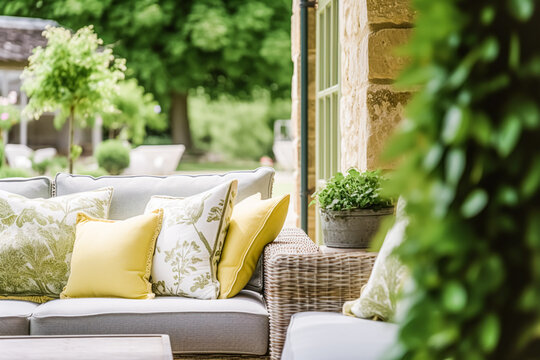 Garden furniture in the countryside in summer, home decor and interior design. Generative AI
