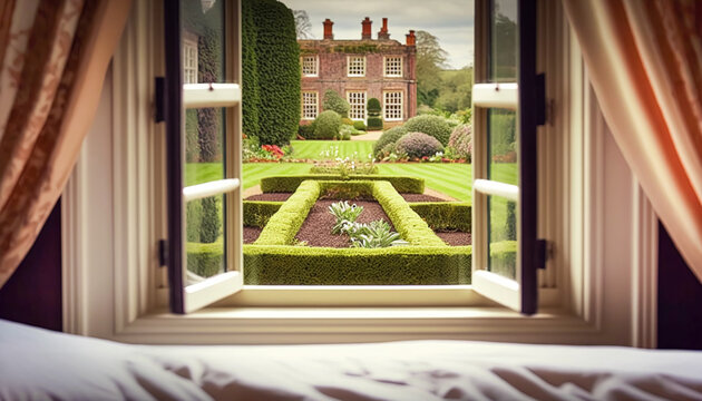 Fototapeta Window view on an old house and garden estate in the style of the English countryside. Generative AI