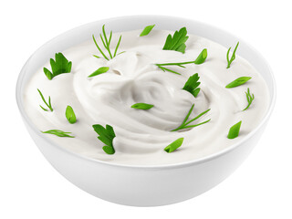 sour cream with onion, parsley, dill, herbs in bowl, isolated on white background, full depth of...