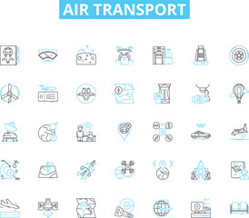 Air transport linear icons set. Flight, Plane, Jet, Helicopter, Airport, Runway, Takeoff line vector and concept signs. Landing,Altitude,Cabin outline illustrations