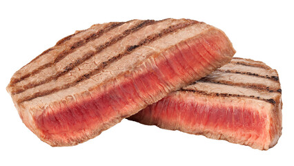 Grilled beef steak isolated on white background, full depth of field