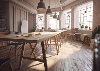 workspace, office, coworking space with wood interior in a modern style with a lot of lights and plants