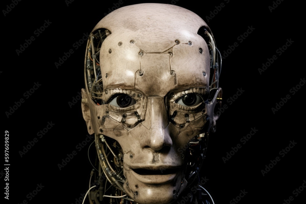 Poster futuristic robot head with wires and cables connected to it. generative ai