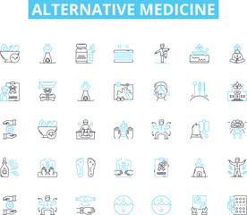 Alternative medicine linear icons set. Acupuncture, Aromatherapy, Ayurveda, Biofeedback, Chakra, Chiropractic, Detoxification line vector and concept signs. Energy Healing,Feng Shui,Herbalism outline