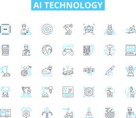 AI technology linear icons set. Intelligence, Automation, Robotics, Machinelearning, Virtualassistant, Expertsystem, Cognitivecomputing line vector and concept signs. NLP,Predictiveanalytics