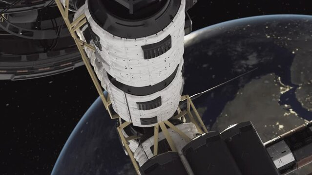 Close-up view of a spaceship from space. Planet Earth in the background. Space travel animation concept. Shuttle