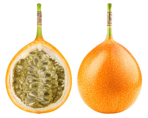 Granadilla or yellow passion fruit isolated on white background, full depth of field
