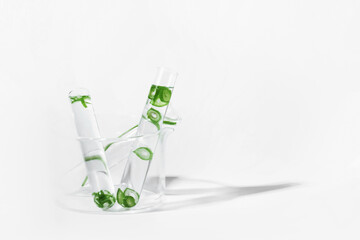 organic cosmetics, natural cosmetics, biofuels, algae. Natural green laboratory. Experiments. Glass laboratory cup with test tubes with green plants on a light background.