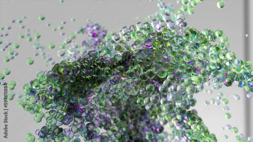 Poster a swirl of colorful bubbles on a gray isolated background. 4k video animation with surreal liquid co