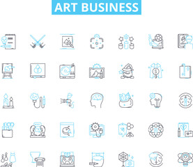 Art business linear icons set. Gallery, Exhibit, Selling, Auction, Commission, Investment, Marketing line vector and concept signs. Reproduction,Advertising,Display outline illustrations